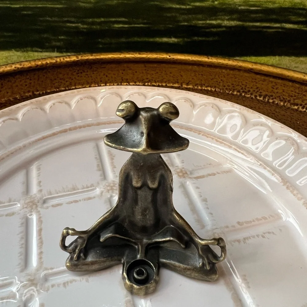 Meditation Frog Incense Holder Gold Tone Yoga Frog Decor